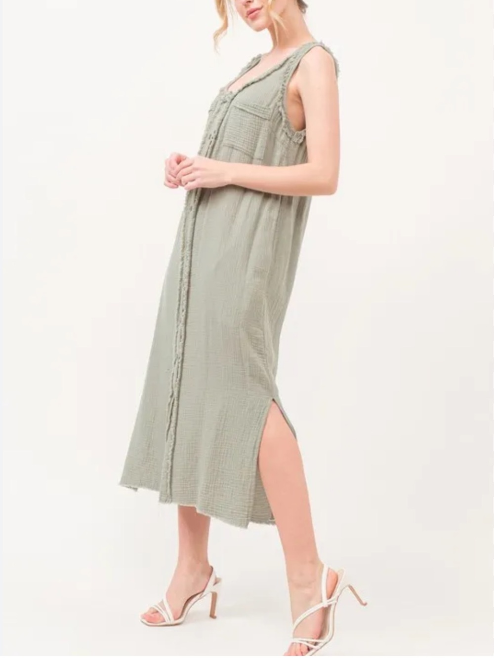 Washed Cotton Gauze Midi Dress - Sage